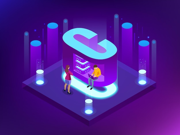 Isometric vector abstract Big Data visualization. Futuristic C letter design. Visual information complexity. Social network or business analytics representation.