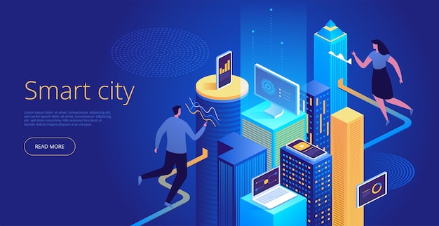 Isometric vector concept of smart city or intelligent building. Building automation with computer networking illustration. IoT platform as future technology. Management system thematic background.
