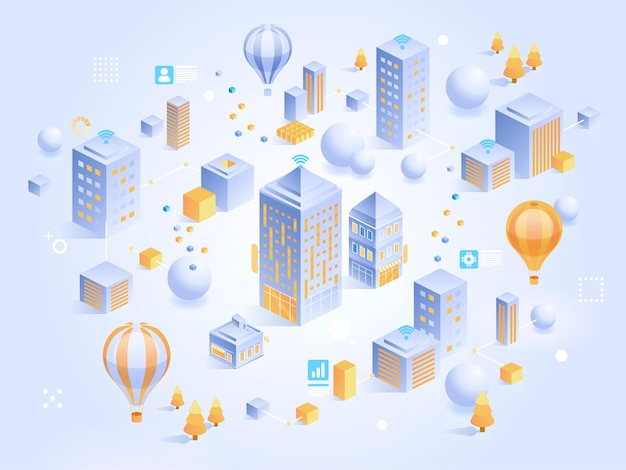 Isometric vector concept of smart city or intelligent building. Building automation with computer networking illustration. IoT platform as future technology. Management system thematic background.