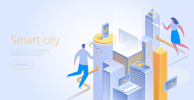 Isometric vector concept of smart city or intelligent building. Building automation with computer networking illustration. IoT platform as future technology. Management system thematic background.
