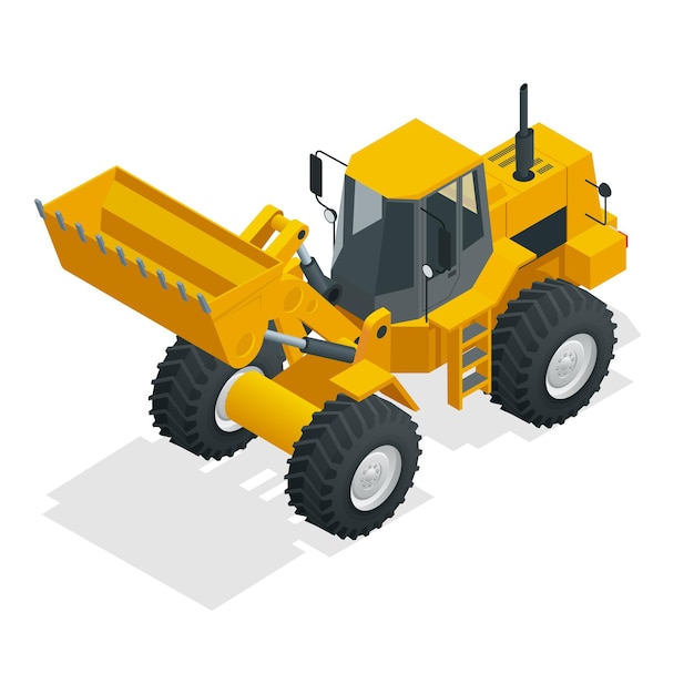 Isometric Vector illustration yellow bulldozer tractor, construction machine, bulldozer isolated on white. Yellow Wheel Loader, Industrial Vehicle. Pneumatic Truck. Manufacturing Equipment.
