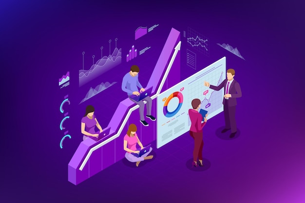 Isometric web banner Data Analisis and Statistics concept. Vector illustration business analytics, Data visualization. Technology, Internet and network concept. Data and investments.