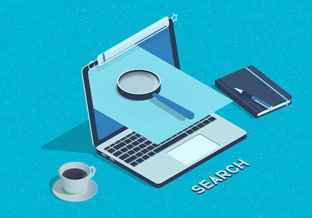 Isometric web search concept with laptop illustration