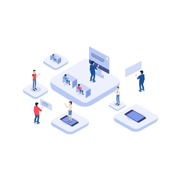 Isometric work team management concept illustrated modern teams workflow