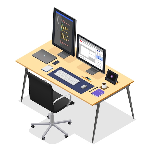 isometric workspace development or designer office place with computer monitor and tablets work chair and laptop programmer pithy vector space