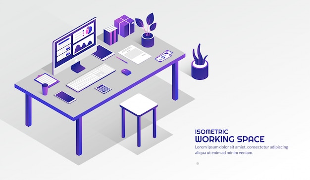 isometric workspace with elements on the table