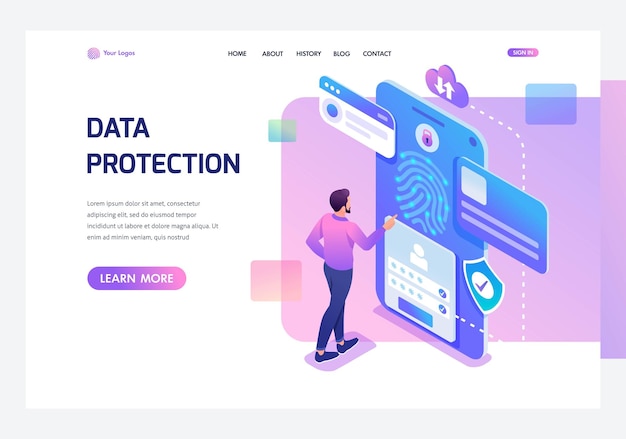 Isometric young man with mobile phone data protection biometric lock Template landing page