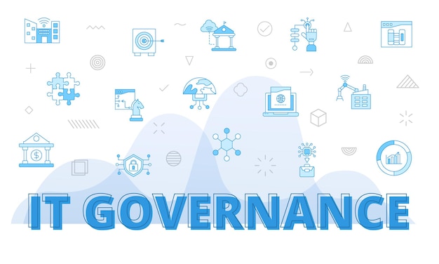 It governance technology concept with big words and people surrounded by related icon with blue color style