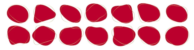 Japanese blob shape abstract red color with gold line vector illustration isolated on transparent background Set of irregular round blot form graphic element Doodle drops with outline circle