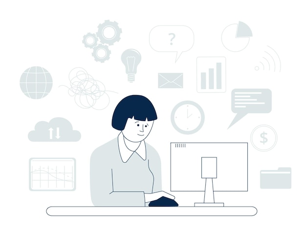 job information flow self management tiny businessman and computer with different news studying chaos and working stress recent vector scene