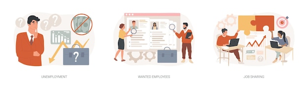 Job search isolated concept vector illustration set unemployment wanted employees job sharing we are