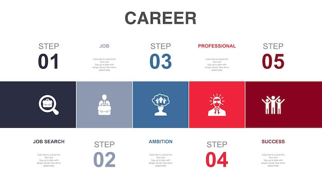 Job search job ambition professional success icons Infographic design layout template Creative presentation concept with 5 steps