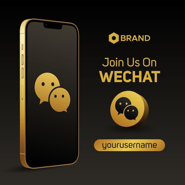 Join us on Wechat logo golden 3d smartphone mockup banner social media post