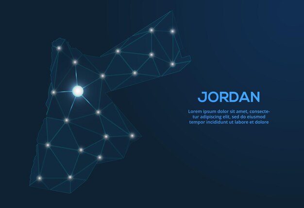 Jordan communication network map Vector low poly image of a global map with lights in the form of cities Map in the form of a constellation mute and stars