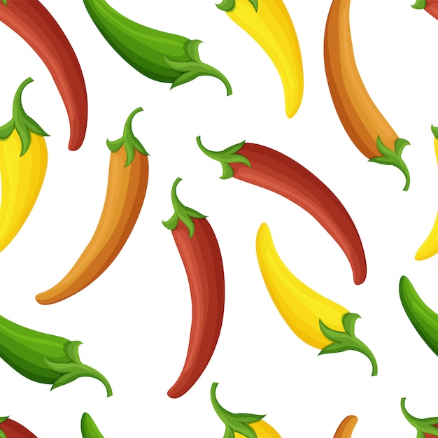 Joyful chilli peppers pattern, seamless repeat. Nice colors, varied textures, simplified shapes.
