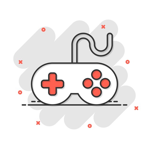 joystick sign icon in comic style gamepad vector cartoon illustration on white isolated background gaming console controller business concept splash effect