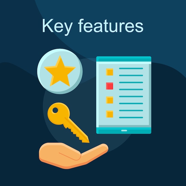 Key features flat concept vector icon. Select option idea cartoon color illustrations set. Add to favorite. Create bookmark. Manage settings. Safe authorization, login. Isolated graphic design element