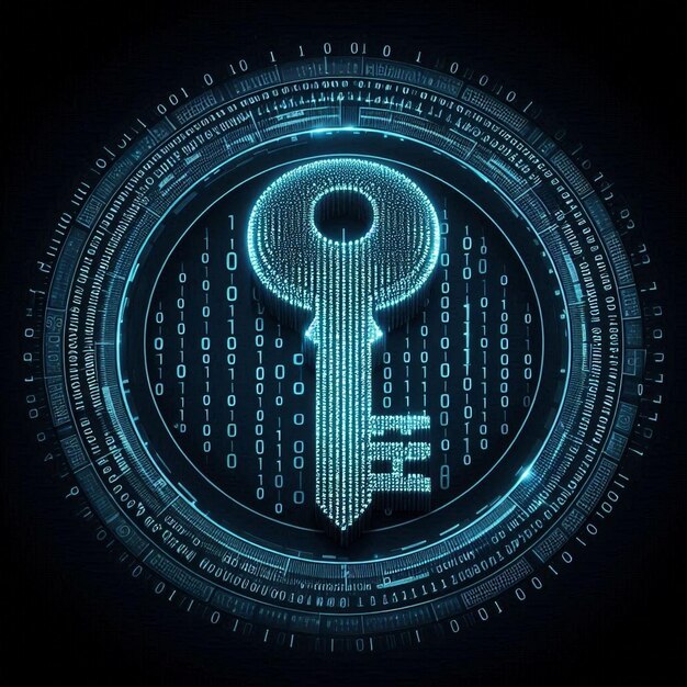Key icon embedded in binary code symbolizing encrypted data
