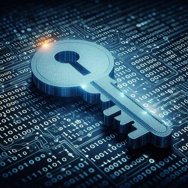 key icon embedded in binary code symbolizing encrypted data