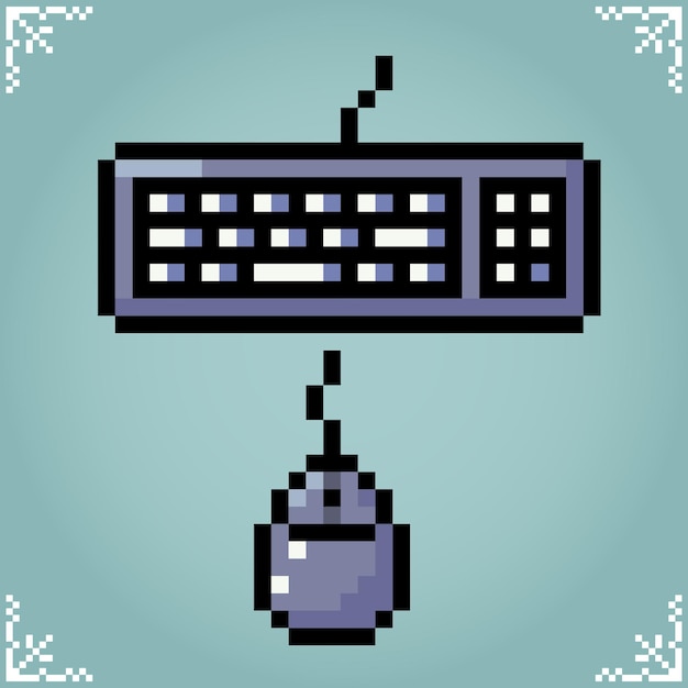 Keyboard and computer mouse in 8 bits pixel art for asset games and cross stitch pattern