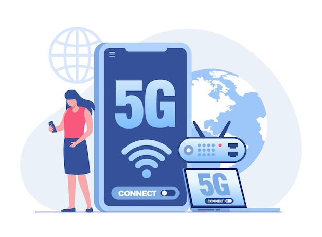 Khái niệm 5G mạng không dây 5G sử dụng công nghệ không dây di động để kết nối nhanh hơn với điện thoại thông minh máy tính bảng minh họa vector phẳng