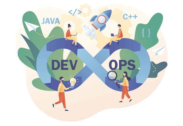 Khái niệm DevOps. Các lập trình viên nhỏ thực hành phát triển và vận hành phần mềm. Dấu hiệu vô cực