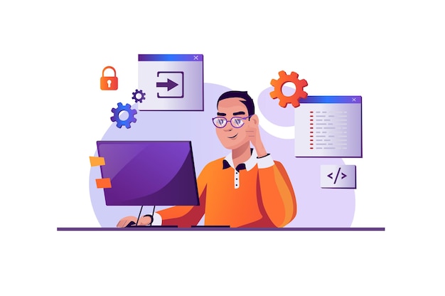 Khái niệm màu tím Lập trình với cảnh người trong phong cách hoạt hình phẳng Lập trình viên làm việc