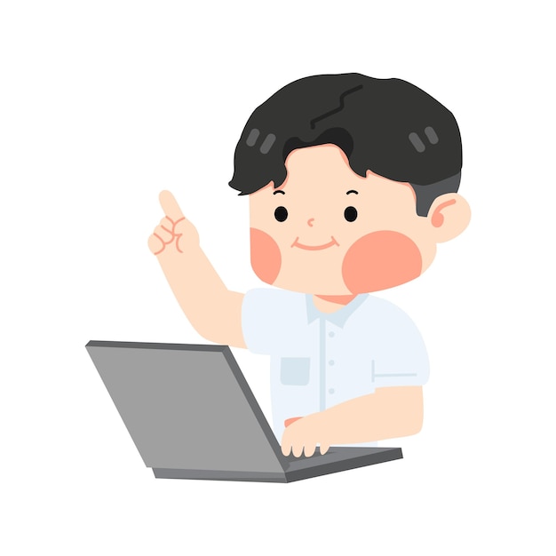 kid boy student using computer pointing