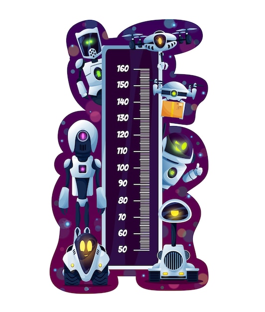 Kids height chart or growth measure meter with cartoon robots and drones. Vector wall meter ruler scale of children growth indicator with white android bots and artificial intelligence