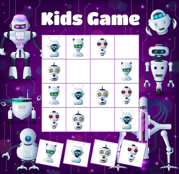 Kids sudoku game with cartoon robots and droids. Vector riddle with ai cyborgs, humanoids and androids characters on chequered board. Children logic maze, puzzle for recreation, boardgame with cards