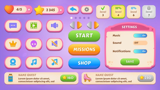 kit gui kit casual assets for a game mobile a set of user interface elements and popups for the game interface