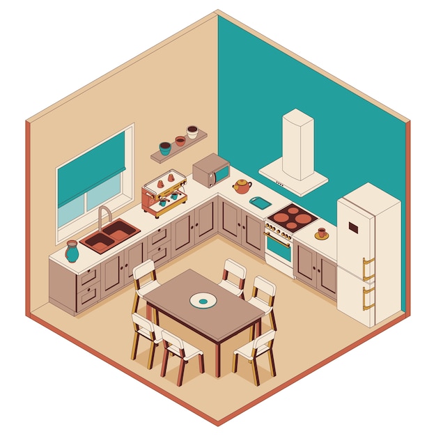 kitchen in isometric style. armchairs, furniture and computer