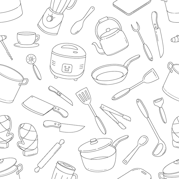 Kitchen tools outline doodle seamless pattern