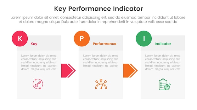 kpi infographic 3 point stage template with box information and arrow direction