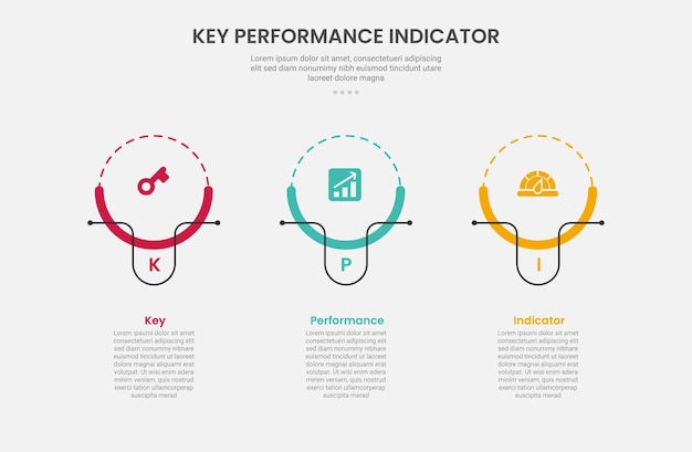 KPI key performance indicator infographic outline style with creative circle with line accessories on horizontal layout structure 3 point template with for slide presentation