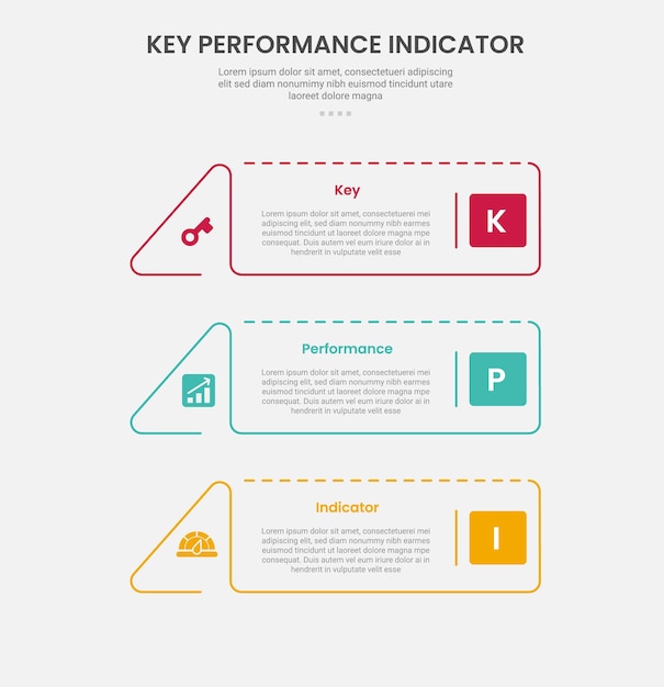 KPI key performance indicator infographic outline style with creative rectangle with triangle edge 3 point template with for slide presentation
