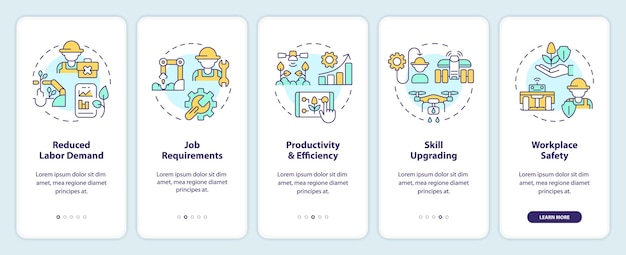 labor impacts of agricultural automation onboarding mobile app screen walkthrough 5 steps editable graphic instructions with linear concepts ui ux gui template myriad probold regular fonts used