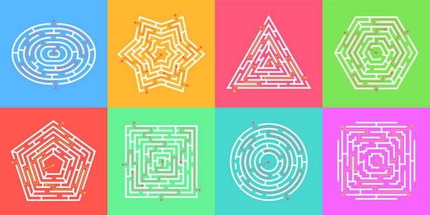 Labyrinth game, finding way puzzle mazes, round maze. Simple labyrinths in various shapes, logic find path games for children vector set. Making choice to find exit, exercising brain