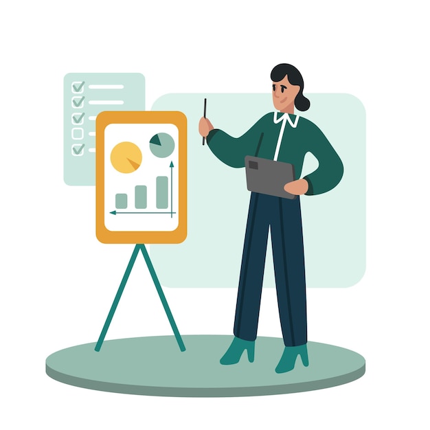 Lady holding tablet and showing presentation with cart and diagrams