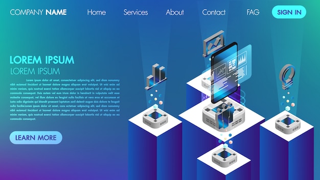 Landin page. Mocksite. Virtual reality business communication concept with technology isometric vector illustration