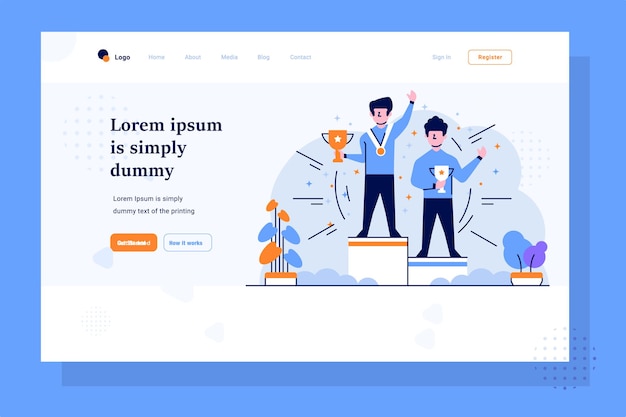 Landing Page Businessman win championship competition best medal trophy flat outline design style