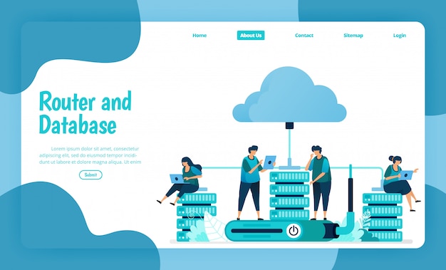 landing page template of router and database service. wifi network and infrastructure for internet connection and safe access. illustration of landing page, website, mobile apps, poster, flyer