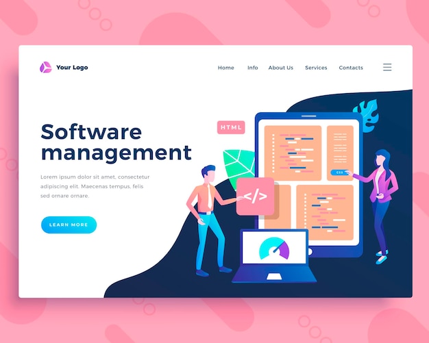Landing page template software management concept with office people
