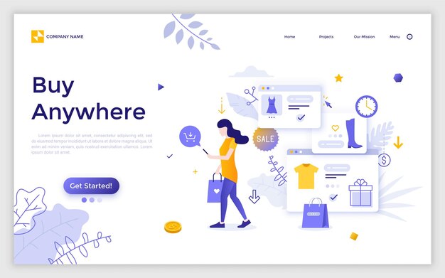 Landing page with woman carrying shopping bag, holding smartphone, purchasing clothes online and place for text. Buy anywhere. Mobile application for internet retail. Vector illustration for website.