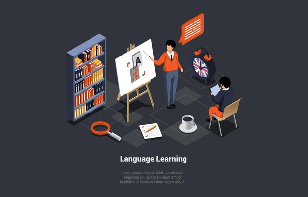 Language Learn App Student Learn Foreign Language In School Is Having A Course With Teacher Teacher With Pointer In His Hands Teacher Grammar Of Foreign Language Isometric 3d Vector Illustration