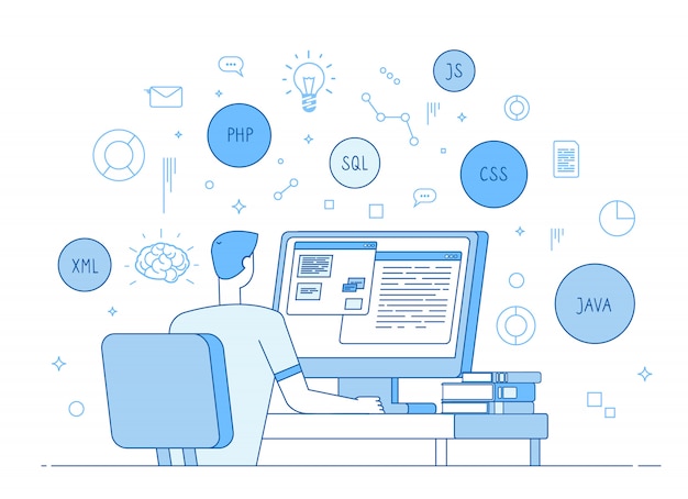 Lập trình viên mã hóa trang web. Nhà phát triển web er làm việc trên javascript, ngôn ngữ lập trình mã php. Khái niệm phát triển phần mềm