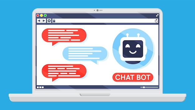 Laptop có Trợ Lý AI đang trò chuyện trong bong bóng trên màn hình. Robot có cửa sổ thoại, Trợ Lý AI chào đón bot hỗ trợ trực tuyến, trí tuệ nhân tạo, dịch vụ hỗ trợ và trợ lý. Hình minh họa vector phẳng