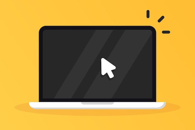 Laptop computer icon. Display with pointer mouse arrow cursor clicking on computer screen. Notebook mock up front view. Online services, web design, e-commerce and marketing, laptop cursor.