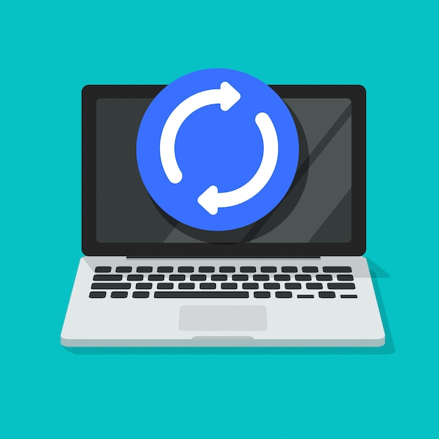laptop computer updating or upgrading process vector icon flat cartoon
