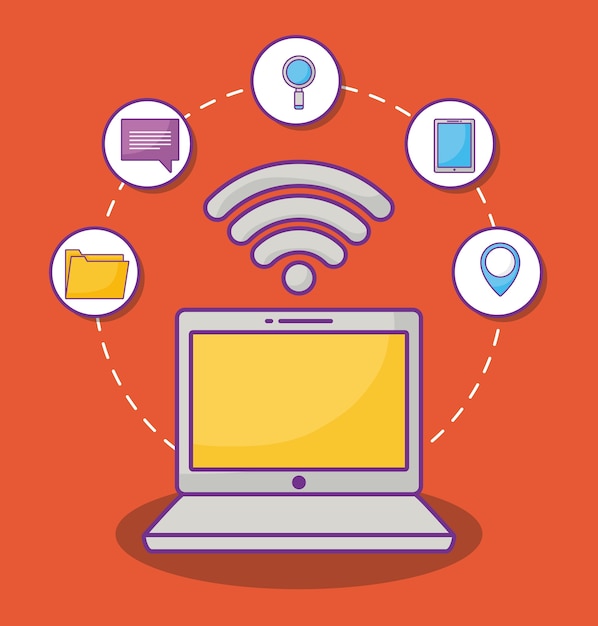 laptop computer with online marketing related icons 